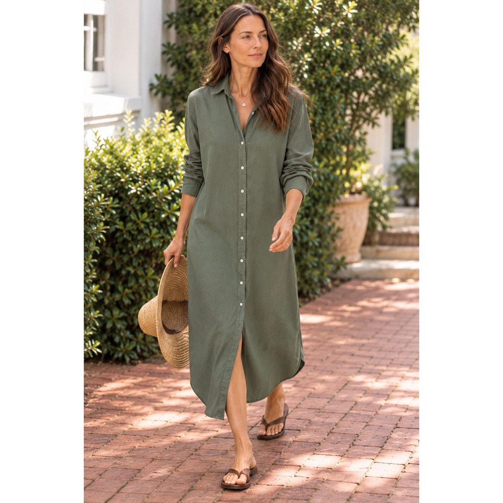 Frank & Eileen Rory Maxi Shirt Dress Size M Olive Green Rayon Button Front
